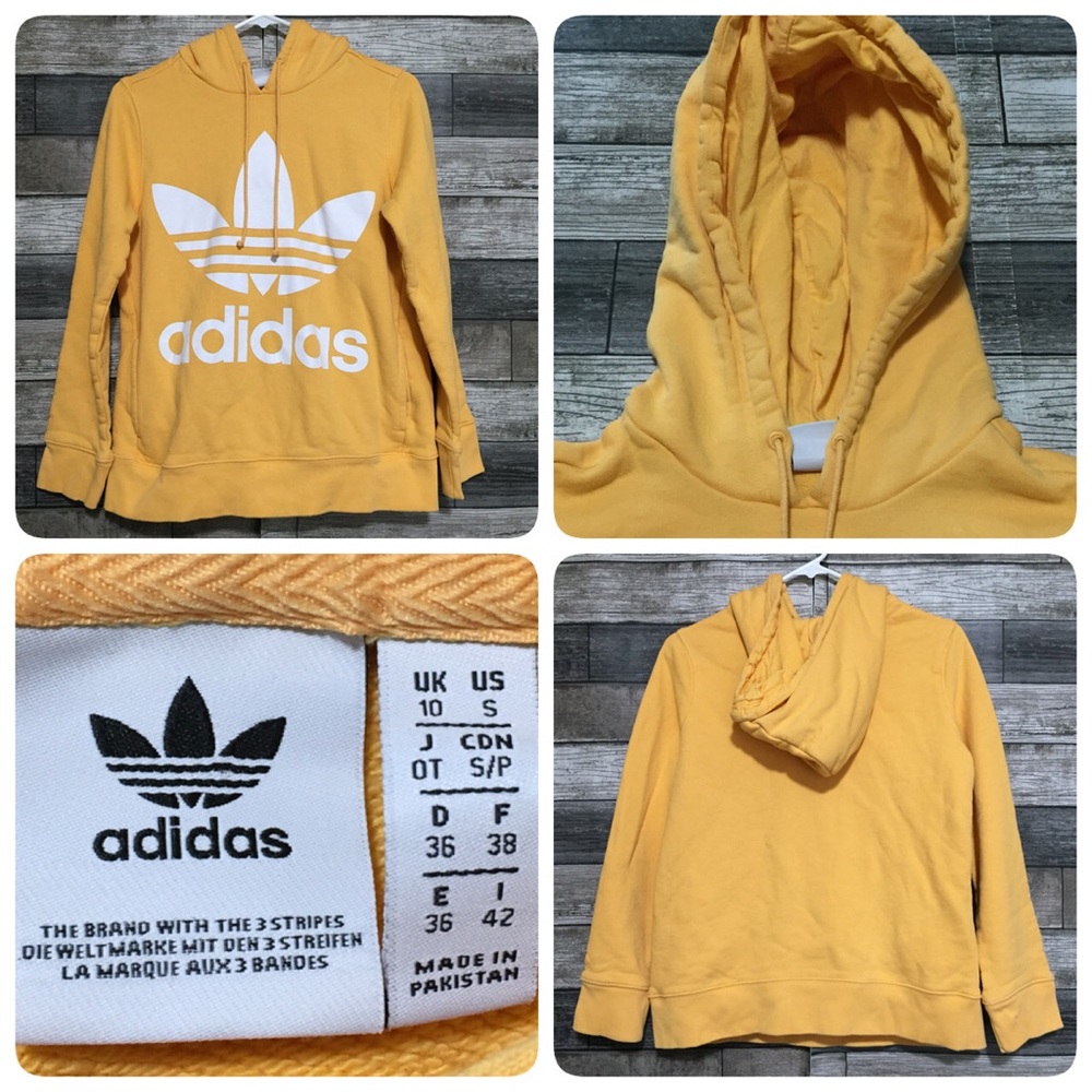 Adidas Trefoil Hoodie Women’s S Yellow Orange Pullover Terry Pockets
